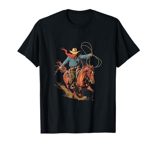Rodeo Western Country Sports T-Shirt Cowboy Lasso Équitation Unisex-Adulte Noir T-Shirt Manche Courte S