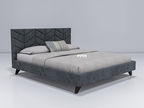 Image of Acacia Modern Upholstered King Size Bed for Bedroom | Wooden Double Bed | Platform Cot Bed with Upholstery Premium Fabric | 6.5 x 6 Ft | Sheesham Solid Wood | Brown, Smoke Grey