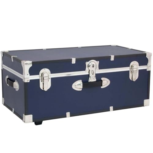 HomeStock Rustic Romance Heavy Duty 30 Under Bed College Storage Trunk with Lock Latch Closure Type 15.75 D x 30 W x 12.25 H Ideal Camp Dorm Room Trunk Footlocker Navy Blue
