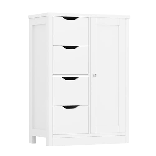 Shintenchi Bathroom Floor Storage Cabinet, Wooden Storage Organizer with 4 Drawers and 1 Cupboard, Freestanding Bathroom Furniture, Home Storage Unit with Adjustable Shelf, White