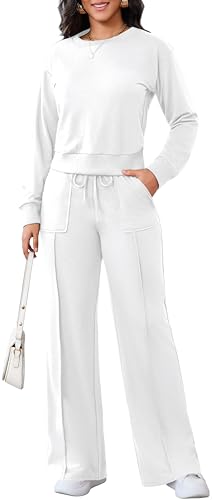 SxClub White 2 Piece Sets for Women Casual Long Sleeve Wide Leg Pants Fall Lounge Set Outfits with Pockets(Small)