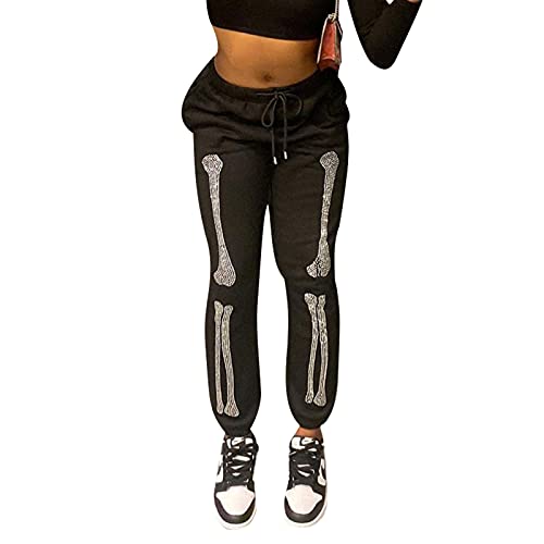 aporake Women Graphic Print Sweatpants Baggy Jogger Oversized Loose Lounge Sweat Hiphop Streetwear Pants with Pockets (Skull Black, Medium)