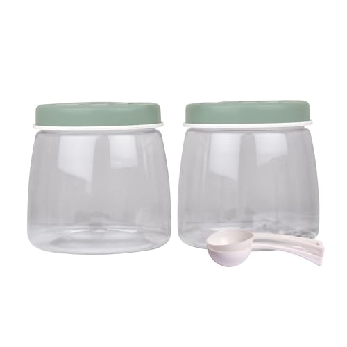 Image of FLAIR Cubics Airtight Food Storage Containers Set of 2 (1000ml each) with Spoon - Green, BPA-Free, PET Plastic Jars, Space-Saving for Pantry, Snacks