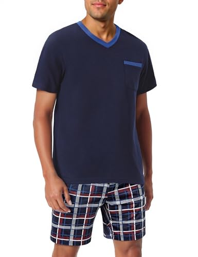 Litherday Schlafanzug Herren Kurz Sommer Baumwolle Pyjamas Set V-Ausschnitt T-Shirt mit Tasche Kariert Pyjamahose Zweiteilig Set Nachtwäsche für...