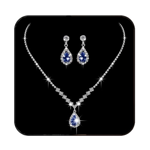 JAKAWIN Bride Silver Bridal Necklace Earrings Set Crystal Wedding Jewelry Set Rhinestone Choker Necklace for Women (Set of 3) (NK144-3) (8 Dark Blue)