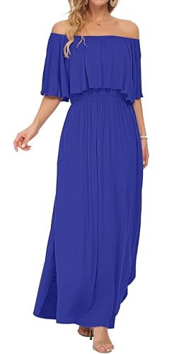 Image of AUSELILY Womens Off Shoulder Ruffle Split Summer Maxi Dresses with Pockets | Off-shoulder Ruffle dress with empire waist & side split for summer beach and casual parties