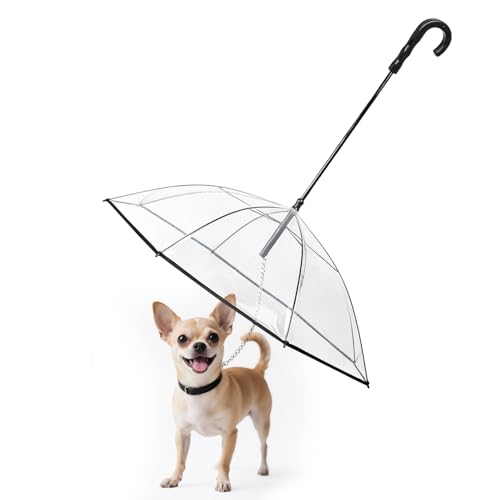 PETLESO Clear Dog Umbrella for Small Dogs Doggie Umbrella with Leash Keeps Pet Dry for Rainy Walk/Potty Trip Puppy Rain Umbrella Self-Assembly