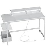 Furologee White Desk with Power Outlets and LED Lights, 47' Office Gaming Desk with Shelves and Fabric Drawer, Reversible Study Table with Monitor Stand and Hooks