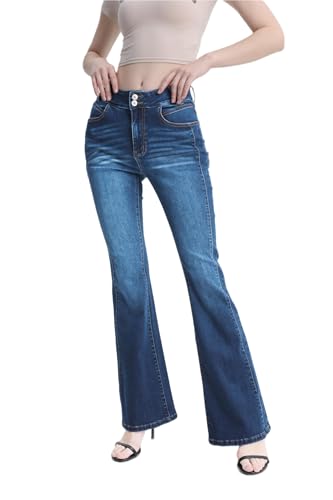 Women's High Waisted Flared Jeans Bell Bottom Bootcut with Double Button Stretch Whisker