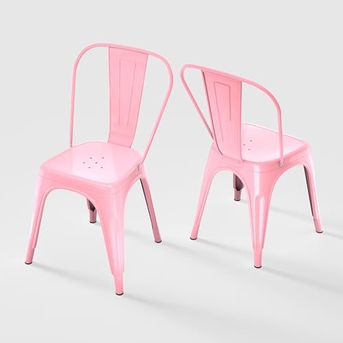 Image of Metal Dining Chairs with Backrest, Stackable, Pink, 2 Pack | Easy Assembly, Non-Slip Feet, 330 lb Capacity, Kitchen, Restaurant, Cafe, Pub, Covered Patio