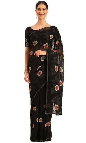 Image of Panzora Women's Chiffon Embroiderd Saree With Blouse Piece