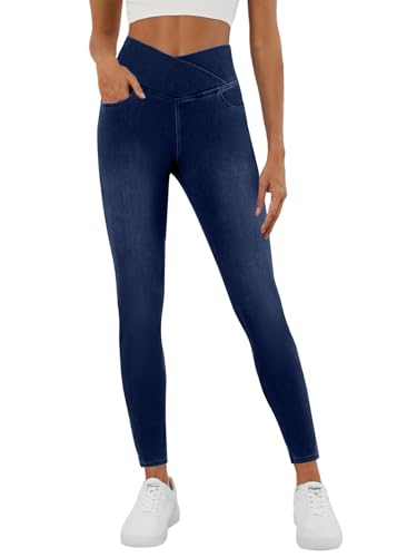 COPYLEAF Stretchy Jeans for Women Trendy Butt Lifting Leggings with Pockets Crossover Waisted Jeggings Pull on Skinny Jeans Dark Wash