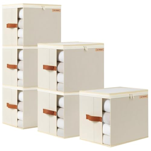 Image of JD FRESH 6 Pcs 30 Liters Foldable Cloth Organizer with Transparent Window /Multipurpose Storage Box with Handles /Almirah Organizer /Wardrobe Organisers for Clothes /Sarees /Bedsheets -Beige