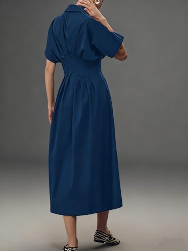 Image of Yeokou Shirt Dress for Women Summer Casual Short Sleeve Button Down Loose Pleated Maxi Sundress with Pockets