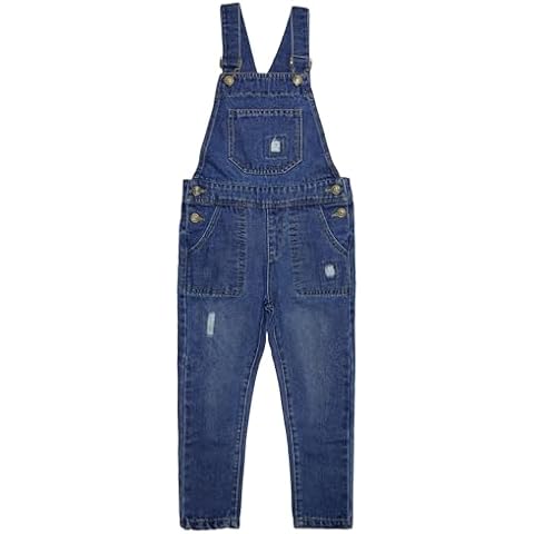 KIDSCOOL SPACE Big Boys Denim Overalls,Ripped Holes Elastic Band Inside Jeans Workwear,Blue,7-8 Years Cover