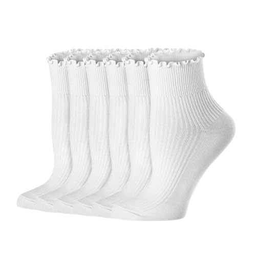 AKAMAS 6 pares de calcetines de encaje con volantes para mujer, suaves y transpirables, puños reversibles, calcetines de onda, divertidos calcetines casuales, calcetines cortos, calcetines lisos,