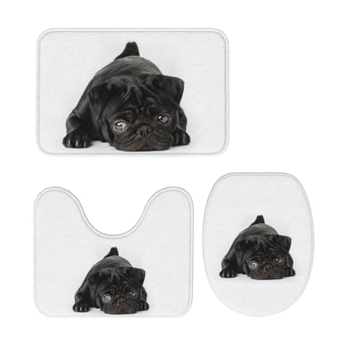 トイレマット パグ 犬柄 黒色 3点セット 足元マット 便座カバー マットフタカバー U型 O型 トイレ兼用 滑り止め おしゃれ バスマット 洗える 浴室 玄関 家庭用 ホテル用