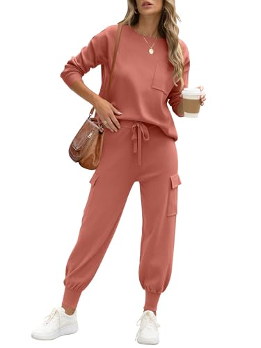 Image of Caracilia Women's Two Piece Outfits Sweater Sets Long Sleeve Knit Tops Matching Cargo Jogger Pants 2025 Fall Lounge Sets Rust Medium