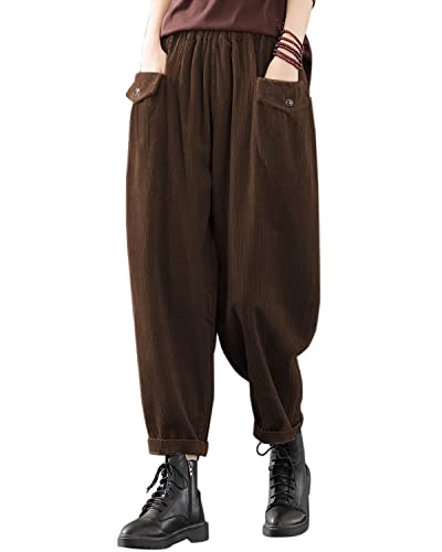 IXIMO Women's Cropped Corduroy Pants Casual Comfy Elastic Waist Cotton Trouser Front Pockets