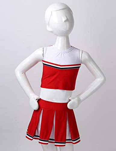 QinCiao Kids Girls Cheer Leader Uniform Cheerleading Costume School Musical Sleeveless Crop Top with Pleated Skirt Set Red 8