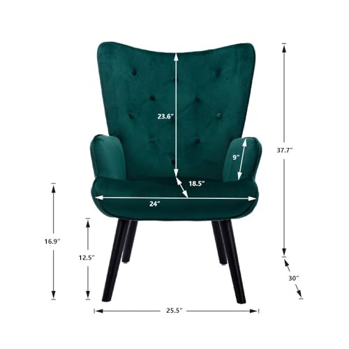 Image of Velvet Wingback Accent Chair for Living Room | Luxury High Back Tufted Armchair with Glossy Metal Legs | Modern Velvet Upholstered Lounge Chair for Home & Office | 1 Pc (Green)