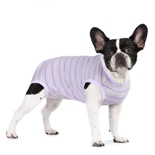 Image of Puppy Striped Recovery Suit for Female Male Dogs Cats,Zip Up Dog Onesie Recovery Shirt Abdominal Wounds,Professional Spay Neuter Dog Pet Bodysuit After Surgery Wear Anti Licking Wounds