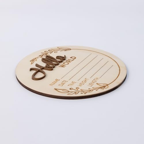 Image of Hello World Wooden Baby Birth Announcement Sign - Custom Baby Name Plaque with Leaf Design - 3D Lettering - Newborn Stats Board for Photo Prop or Nursery Decor