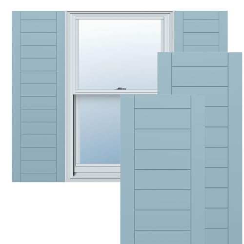 18"W x 65"H True Fit PVC Horizontal Slat Framed Modern Style Fixed Mount Shutters, Peaceful Blue (Per Pair - Hardware Not Included)