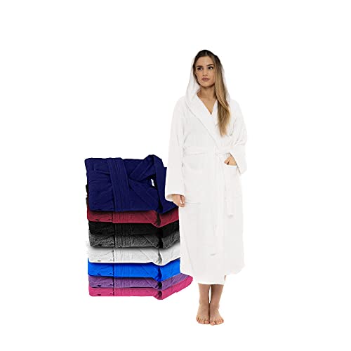 CICK ® Albornoz para mujer, 100% algodón egipcio de rizo con capucha, bata de spa altamente absorbente, bata de baño para gimnasio, ducha, salón, batas para mujer, blanco, L - XL