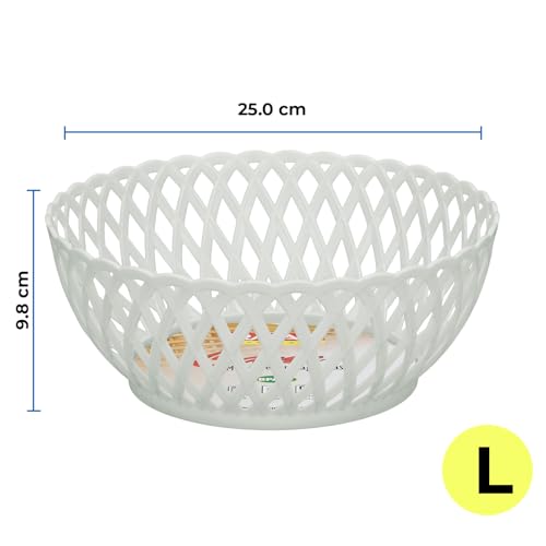 Image of RATAN PLASTICWARE Cane Large Plastic Storage Basket for Fruits, Vegetables & Snacks - Decorative Woven Design for Kitchen, Dining Table & Home Use I Pack of 6 - off white