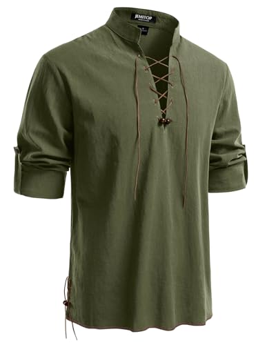 JEMITOP Mens Vintage Renaissance Costume Long Sleeve Lace Up Shirts for Pirate Viking Medieval Vampire Halloween Cosplay Clothing Army Green Retro M