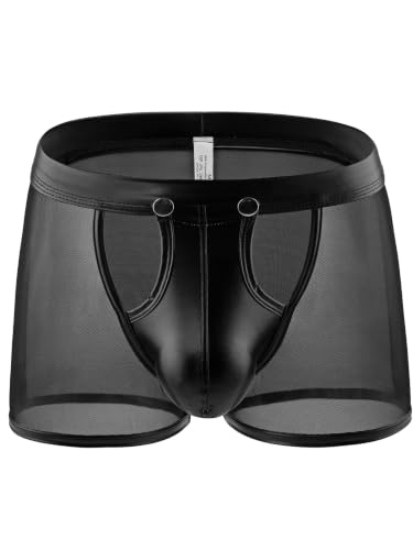 Eagerlove Herren Boxershorts Sexy mit 3D Beutel Netzstoff Kunstleder Atmungsaktiv Unterwaesche Offenes Schrittdesign Boxer Shorts Clubwear Schwarz L