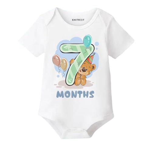Image of Knitroot Monthly Birthday Teddy Special, Newborn Baby Half Sleeve Unisex Romper, Onesies, Sleepsuit, Body Suit, Envelope Neck, 1 to 12 Months Print, 0-12 Months, Infant Cloth for Boys & Girls