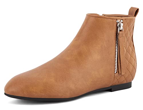 MaxMuxun Women's Ankle Boots Flat Low Heel Booties Ladies Quilted Fall Winter Fashion Boots with Side Zipper Camel Pu Size 8