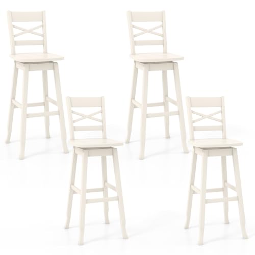 COSTWAY 30-Inch Bar Height Stool Set of 4, Rubber Wood Swivel Bar Stool with Inclined Backrest, Curved Seat & Footrest, Bar Chair for Kitchen Island & Pub (4, Cream)