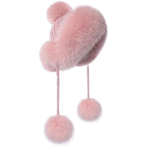 Winter Hats for Women Faux Fur Beanie Hat with Pom Fuzzy Trapper Hat Ears Warm Kint Cap Lined Cute Snow Hat, pink, One Size Fits All Cover