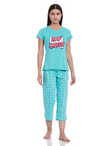 Easybuy Women’S Knitted Printed Nightwear Pajama Set (Au21Bh51Lw_Turquoise_L Large)
