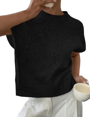 Image of 2026 Womens Floral Sweater Vest Cute Cap Sleeve Tops 3D Flower Decor Knit Tank Top Loose Spring Fall Summer Clothes