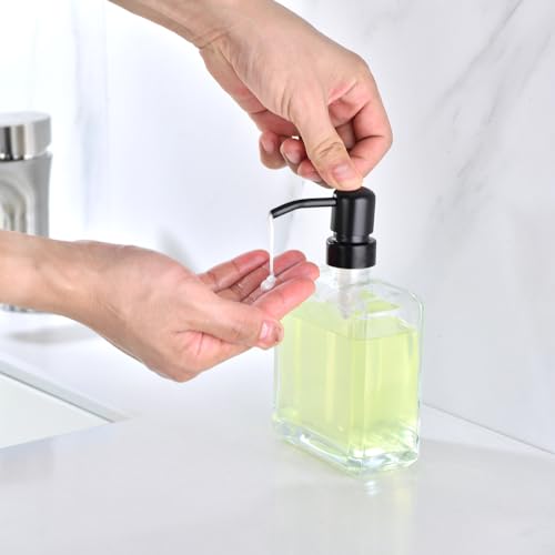 Image of Square Clear Glass Dish Soap Dispenser, Antique Refillable Hand Soap Dispenser with Rust Proof Black Stainless Steel Pump, 13.5 oz Lotion Dispenser for Bathroom Vanity, Kitchen Countertop