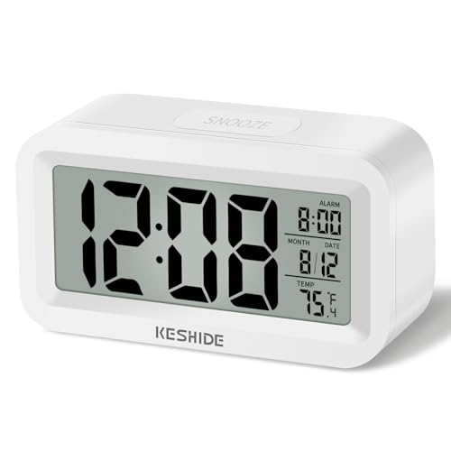 KESHIDE Travel Digital Alarm Clock Battery Operated with Indoor Temperature Desk Small Clock Snooze Model 12/24H Display for Bedrooms Heavy Sleepers Kids Travel Bathroom