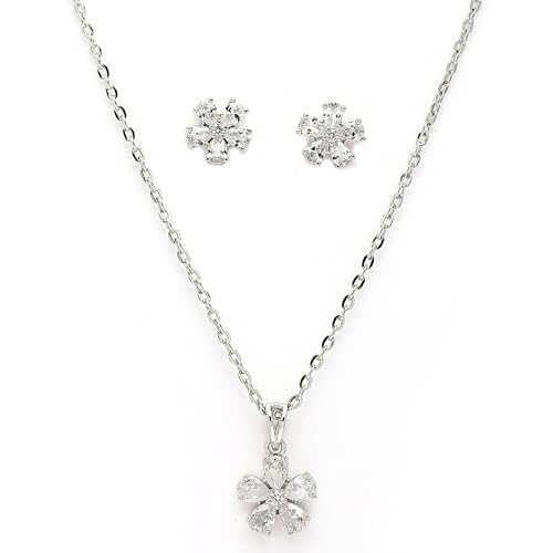 Image of ZENEME Rhodium Plated Silver Toned American Diamond Studded Floral Shaped Pendant Chain With Earrings Jewellery Set For Women And Girls