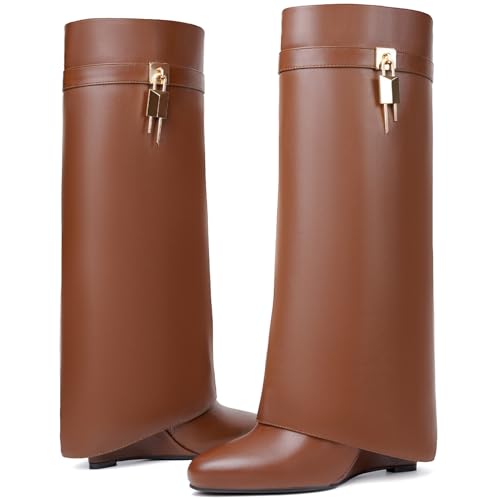 Image of Fold Over Knee High Boots for Women Pointy Pull-on Wedge Heel Knee Shark Boot With Side Zipper Covered Wedge Heel Padlock Boot