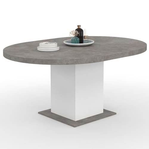 IDMarket – Mesa de comedor extensible redonda Eden 4-8 personas hormigón y blanco 120-160 cm