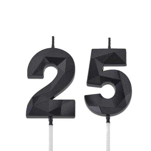 2 inch Black 25 & 52 Birthday Candles, 3D Diamond Number 25th & 52nd Cake Topper for Men Women Birthday Party Decorations Theme Party