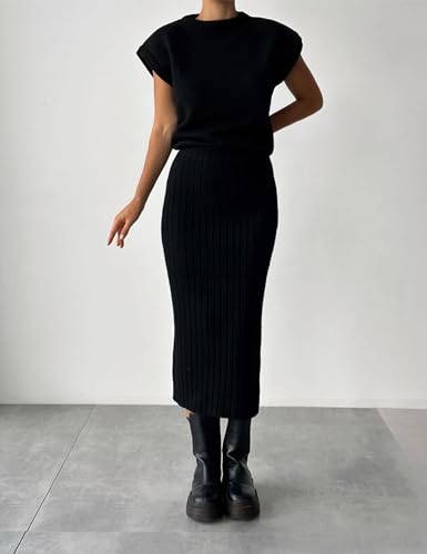 Zhiyouni Women's 2 Piece Sweater Sets Outfits Knit Vest Pullover Bodycon Maxi Skirts Loungewear3