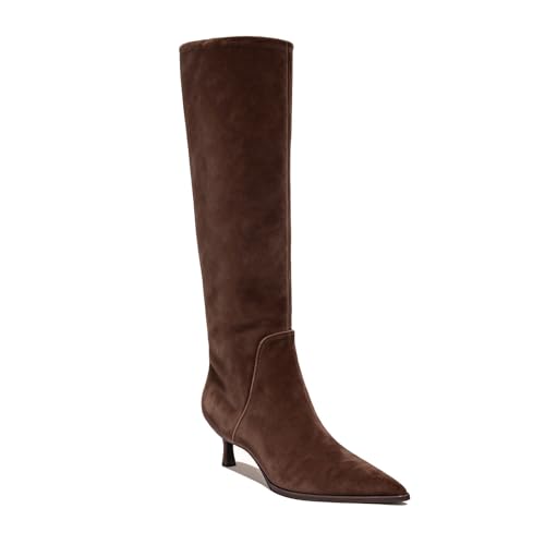 ZJGZF Chocolate Suede Knee High Boots for Women Kitten Heel