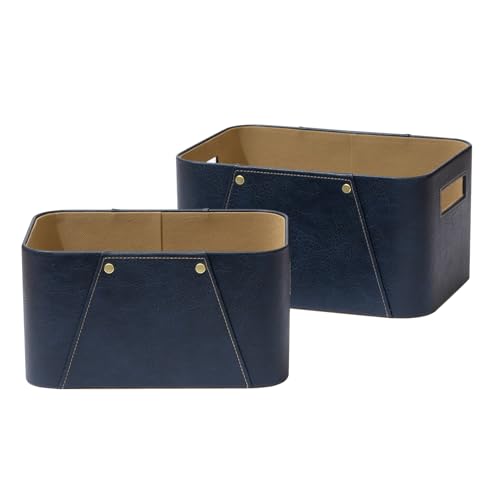 La Jolie Maison Storage Baskets for Organizing, 2 Pack, Luxury Vegan Leather Storage Cube Boxes for Closet Shelf Cabinet Bookcase, Navy Blue