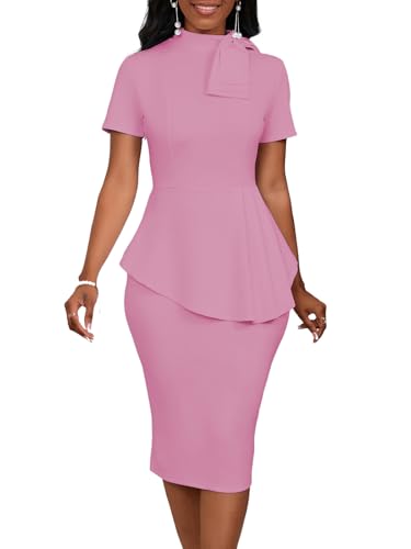 Image of PerZeal Women's Fashion Peplum Bodycon Short Sleeve Work Dresses Bow Club Ruffle Pencil Formal Cocktail Dress