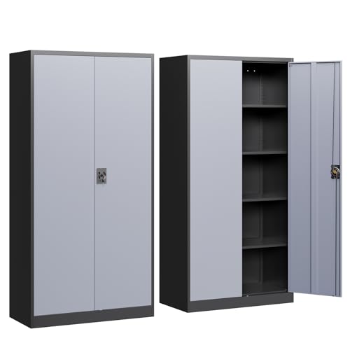 Image of Yizosh Metal Garage Storage Cabinet with Lock, 72 inch Locking Tool Cabinets with 2 Doors and 4 Shelves, Heavy Duty File Cabinet for Office, School (Gray Black)