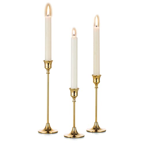 Romadedi Candlestick Holder Gold Candle Holder Brass Set of 3 Decorative Candle Holder for Taper Candle for Fireplace Mantel Christmas Dinning Table Home Wedding Decorations Gold 1 Set